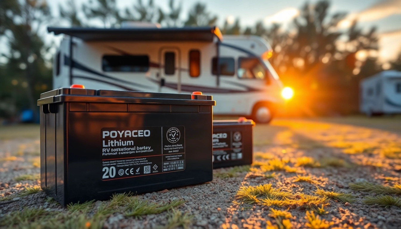 Showcase of lithium RV batteries enhancing RV camping experience with vibrant energy.