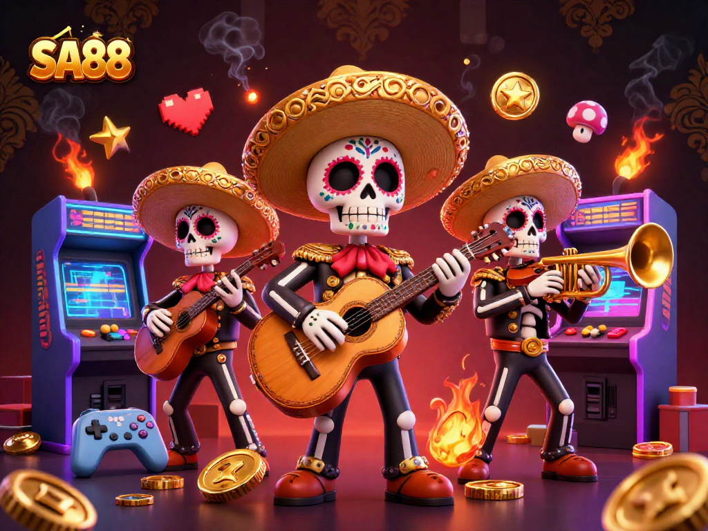 SA88 casino-themed illustration featuring mariachi band with colorful elements and game machines.