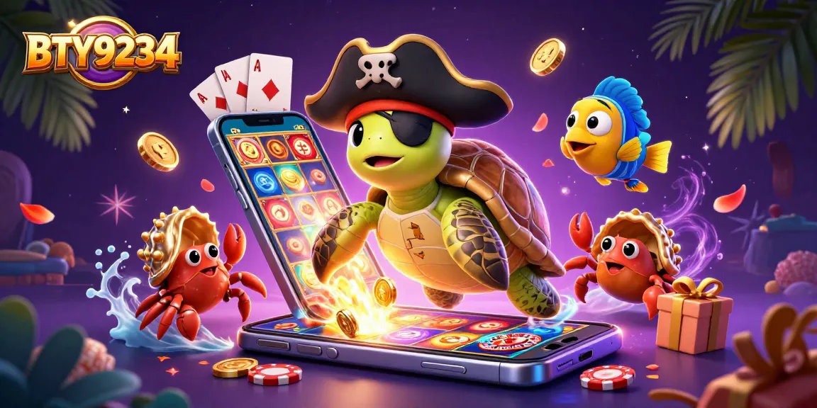 Experience thrilling gaming adventures with BTY9234's cartoon pirate turtle, treasure, and vibrant casino elements.