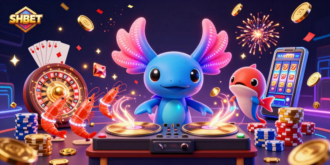 SHBET showcases an energetic scene with a neon axolotl DJ celebrating gambling wins.