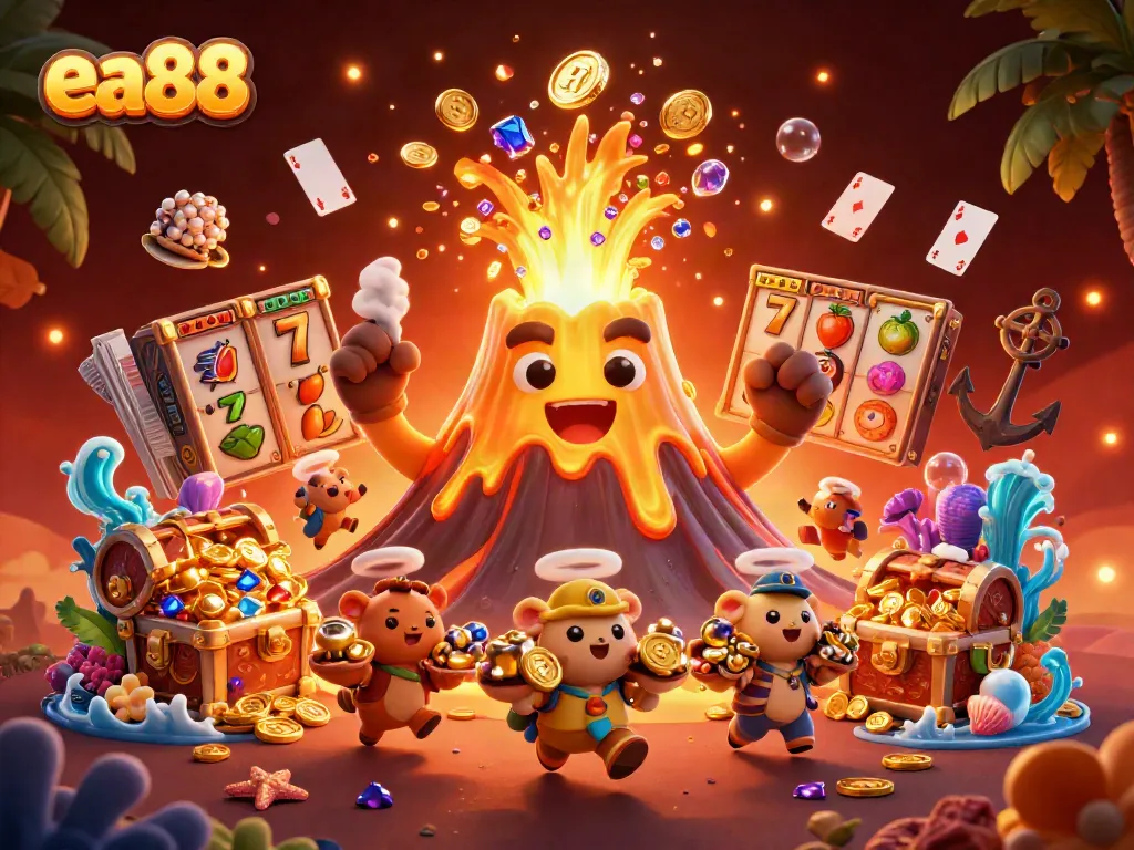 ea88 trò chơi slot cảnh giác và hào hứng với hình ảnh núi lửa vàng và kho báu bay xung quanh.