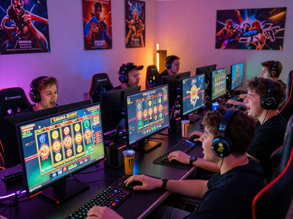 Exciting gameplay scene featuring slot88 enthusiasts engaging in colorful slots in a lively gaming setup.
