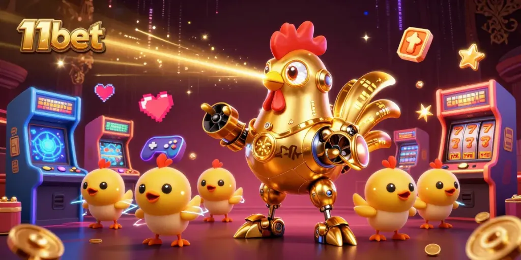 Experience the thrill of 11bet with a golden rooster robot and engaging game elements.