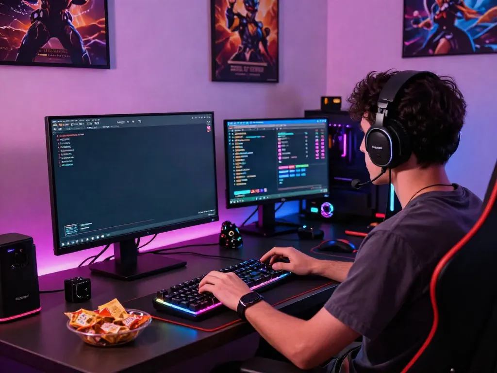 Engaged player enjoying hargatoto online gaming experience in a vibrant setup.