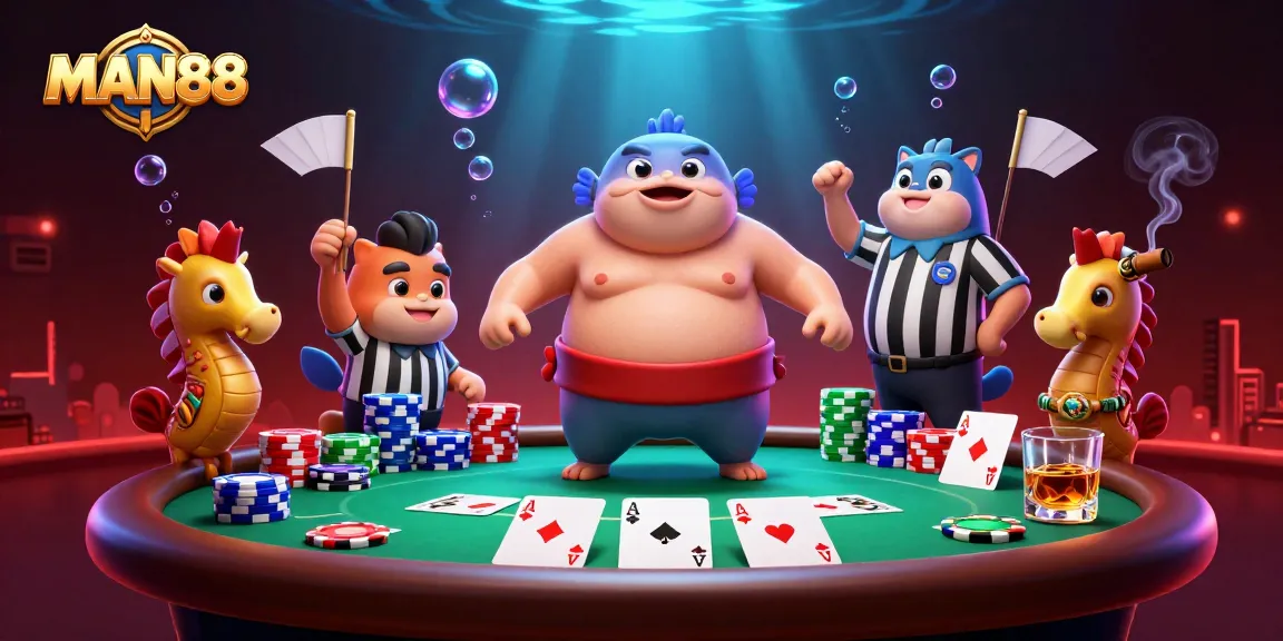 MAN88 card game excitement with a cheerful fugu, catfish referee, and seahorse fans.