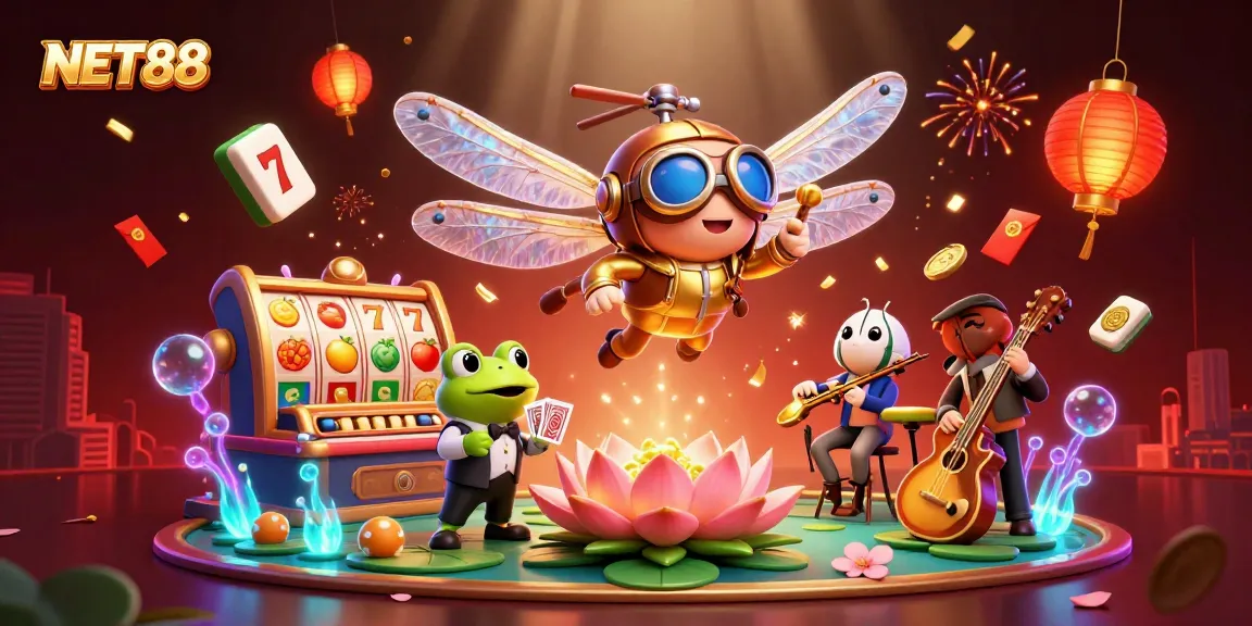 Experience NET88 with a lively 3D illustration of a casino scene featuring dynamic games and characters.