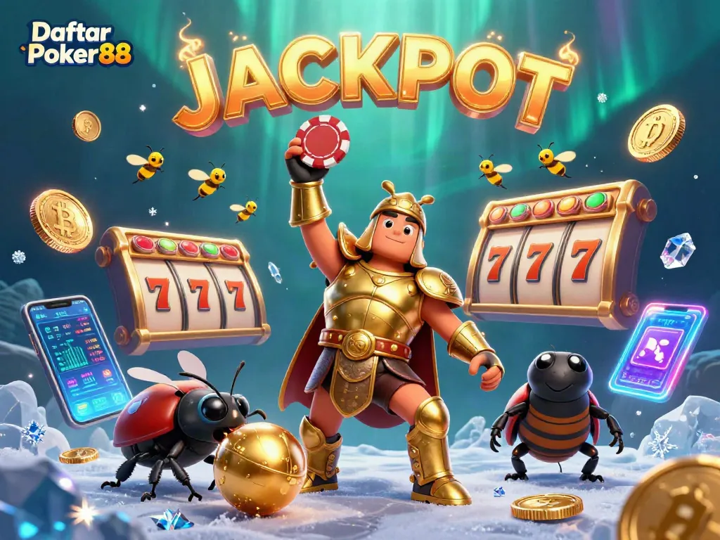 Experience the excitement of Daftar Poker88 with a victorious beetle lifting a poker chip surrounded by jackpot symbols.