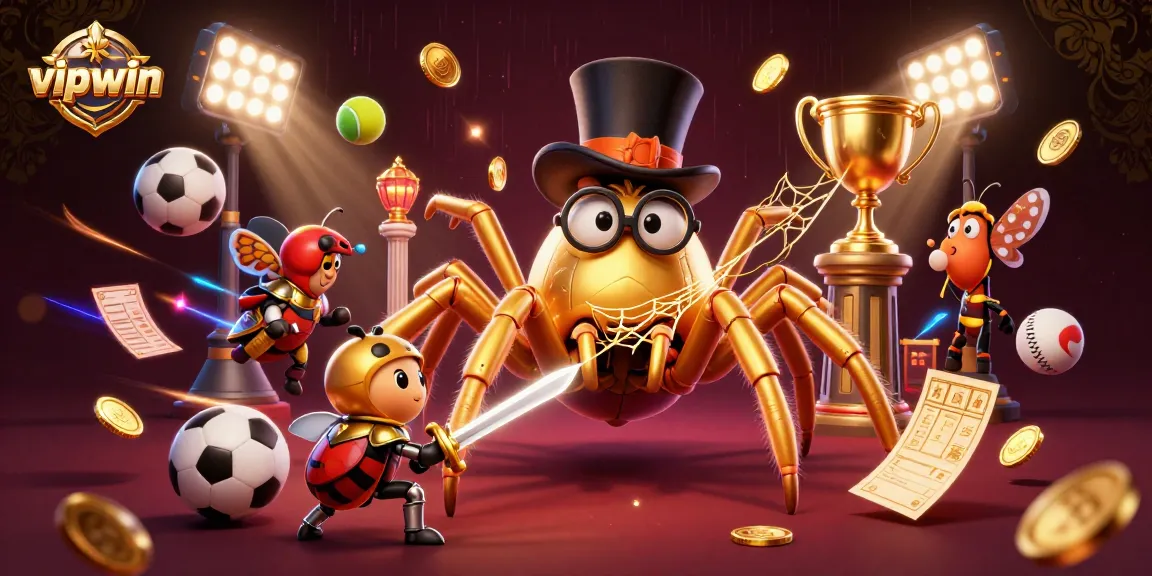 Experience thrilling action at vipwin with a captivating scene featuring a golden tarantula and beetle knight amid casino elements.