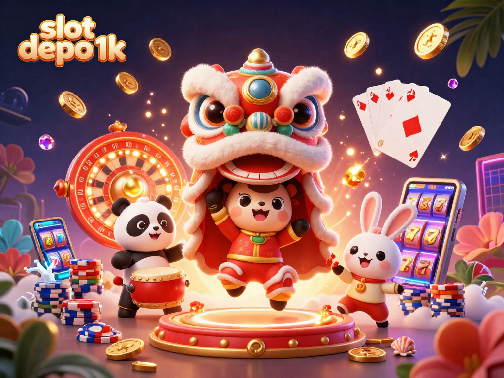 Engage in thrilling slot adventures with slot depo 1k and charming characters in a vibrant casino illustration.