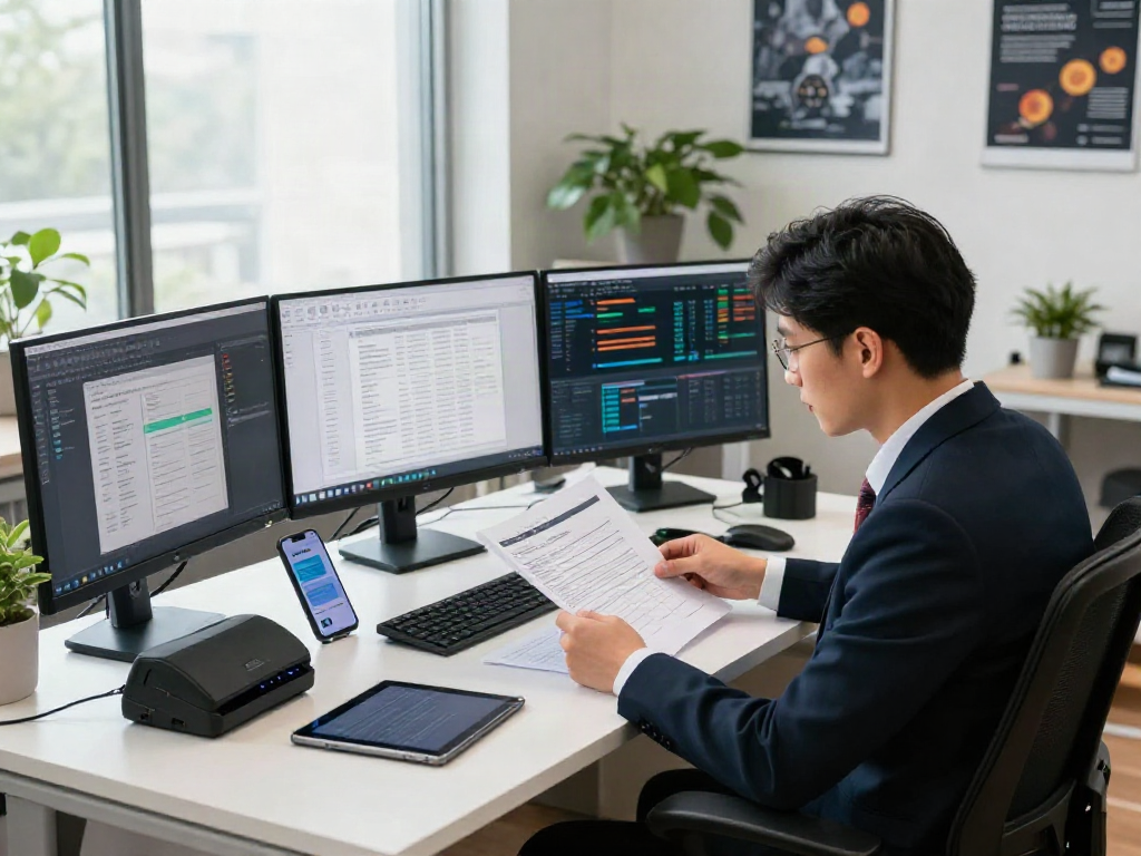 Compliance officer utilizing a document fraud detection solution in a modern office.