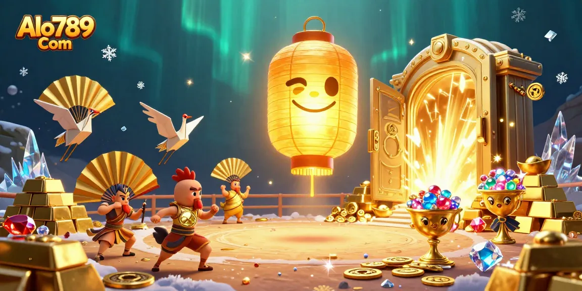 Experience thrilling cockfighting action at Alo789 Com with vibrant 3D illustrations showcasing golden spirits and treasures.