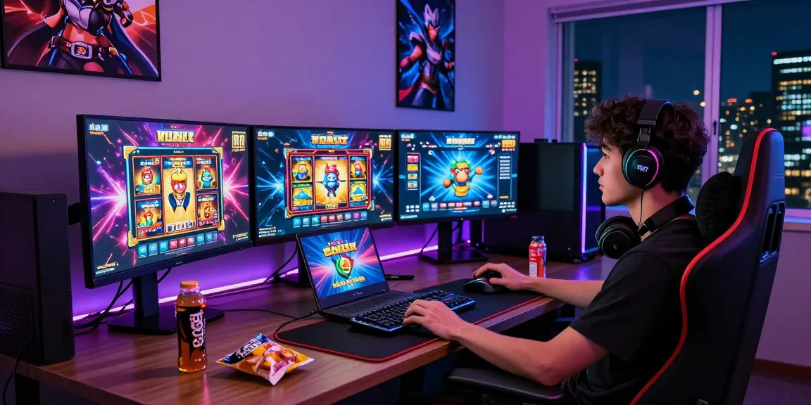 Gamer immersed in jepang slot games with vibrant setup and city view.