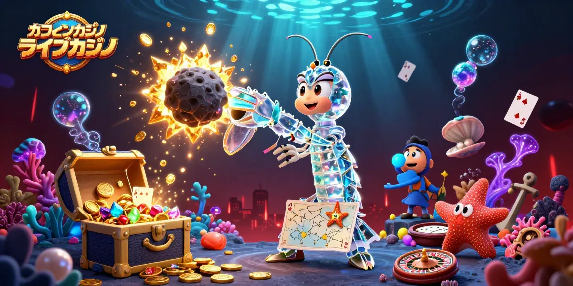 オンラインカジノ ライブカジノのための3Dイラスト、サムライエビとスターフィッシュが遊びカードを使って冒険。