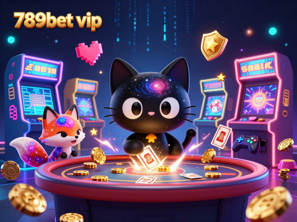 Engage in stellar gaming with 789bet vip as a cosmic cat draws in golden chips in a vibrant casino scene.