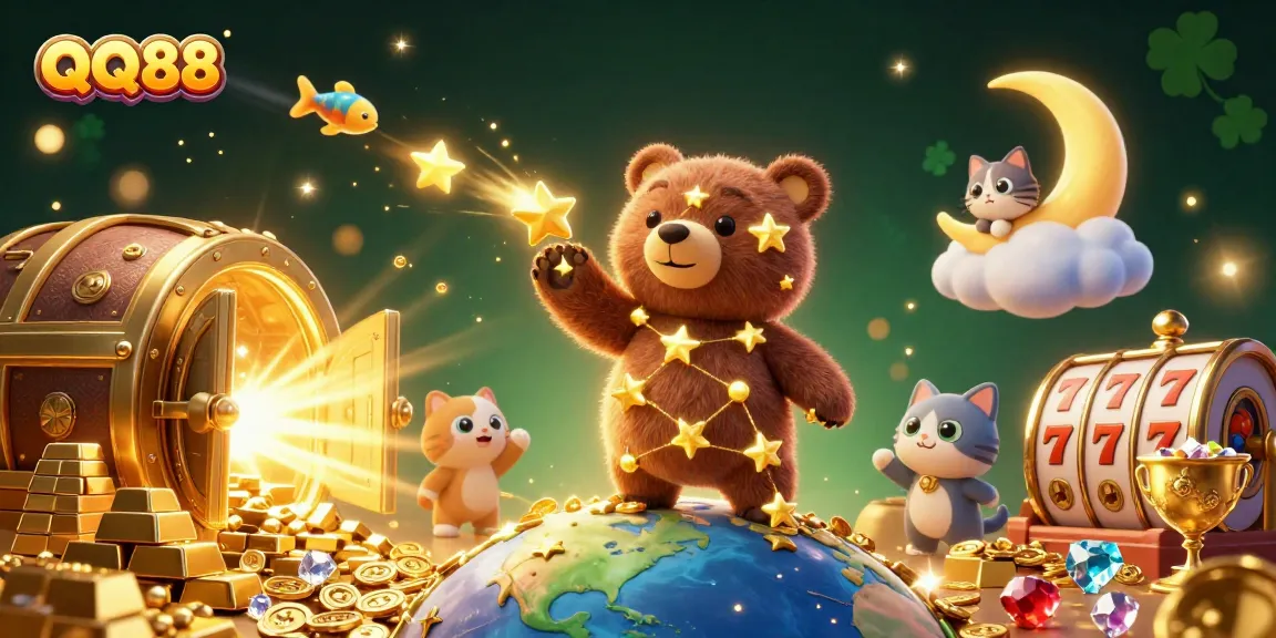 Play thrilling slot games at QQ88 as a constellation bear scoops coins under a starry night.