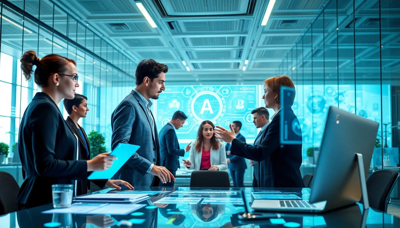 AI agents collaborating in a modern office with holographic displays and digital tools.
