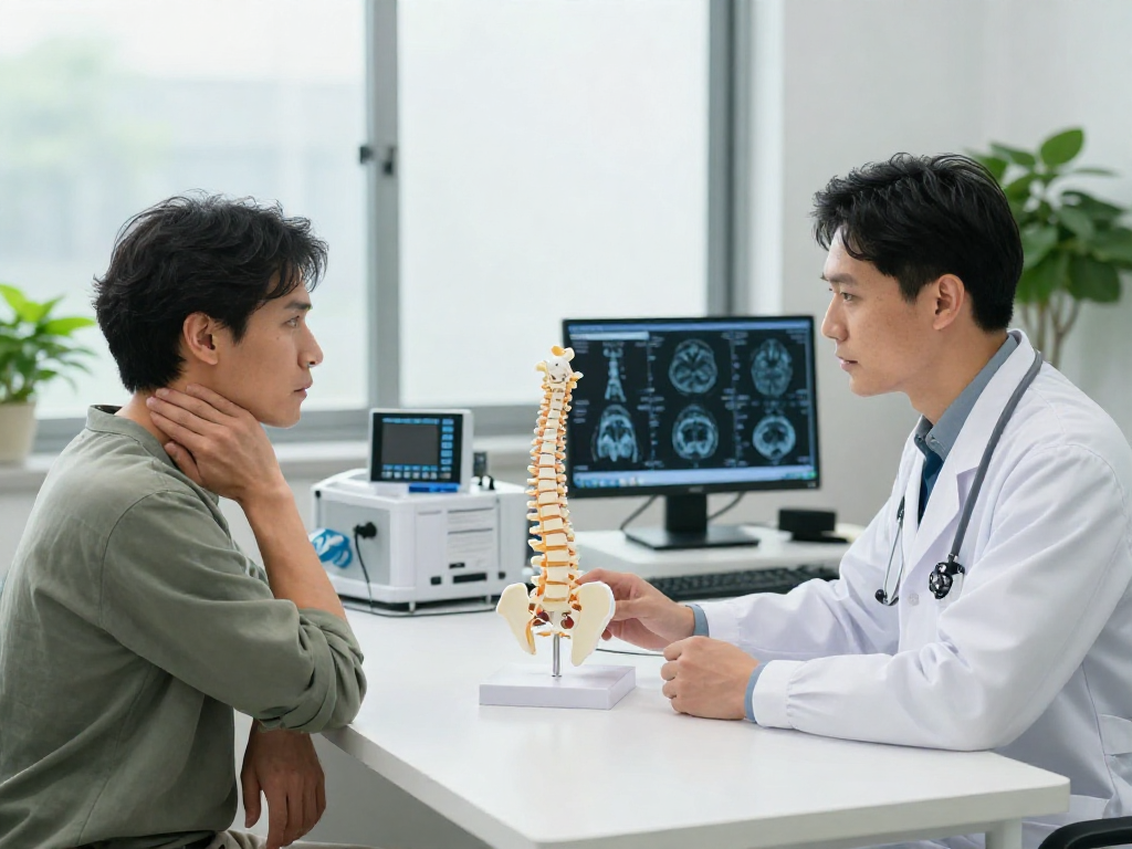 Boyun fıtığı ameliyatı consultation scene with patient and doctor discussing treatment options