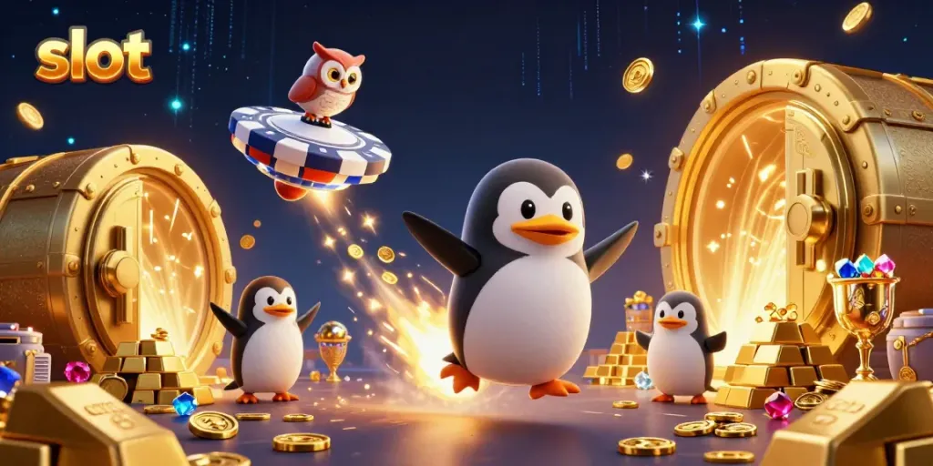 Slot game ilustrasi 3D dengan penguin emas dan berbagai simbol kasino, menarik dan kaya detail.