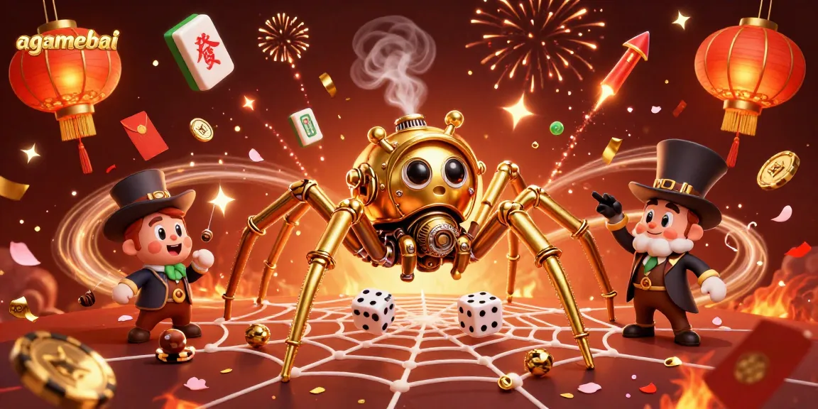 Engage players in a thrilling game of chance at agamebai with a lively illustration of a steampunk spider and vibrant casino elements.