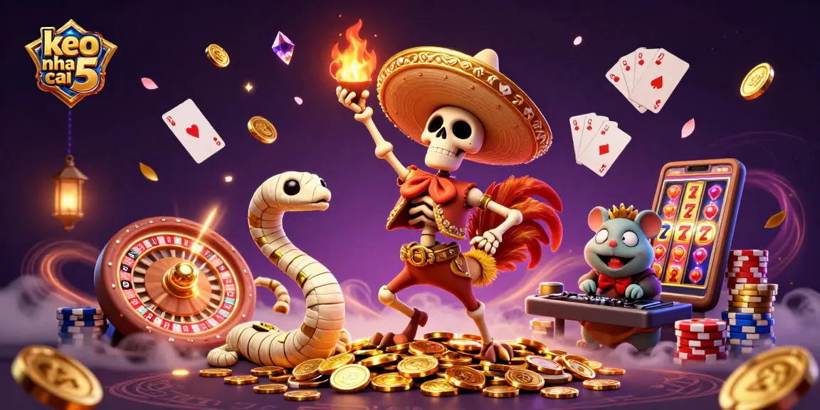 Experience keo nha cai 5 with a vibrant 3D casino scene featuring dynamic gaming elements.