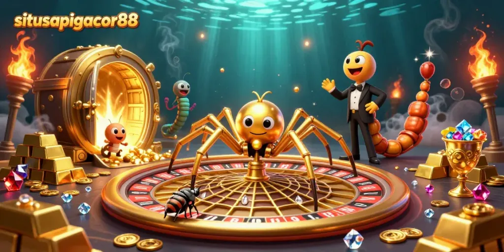 The scene showcases situsapigacor88 with a golden spider and croupier in an exciting casino atmosphere, betting on jewels.