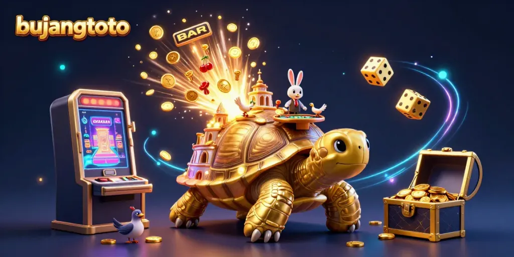 Bujangtoto showcases a vibrant 3D casino scene with a golden tortoise, rabbit dealer, and slot machine.
