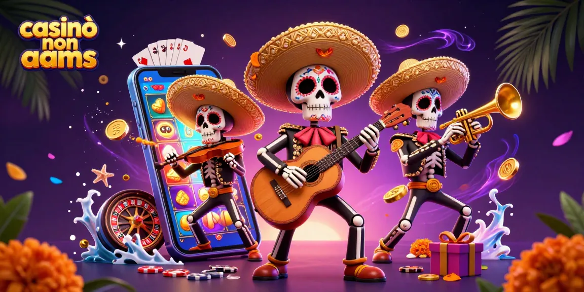 Casinò non AAMS, mariachi colorati su schermi da gioco, slot e carte volano, atmosfera festiva.