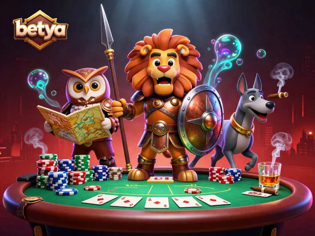 Experience the thrilling world of betya with a vibrant 3D scene of epic characters and poker action.
