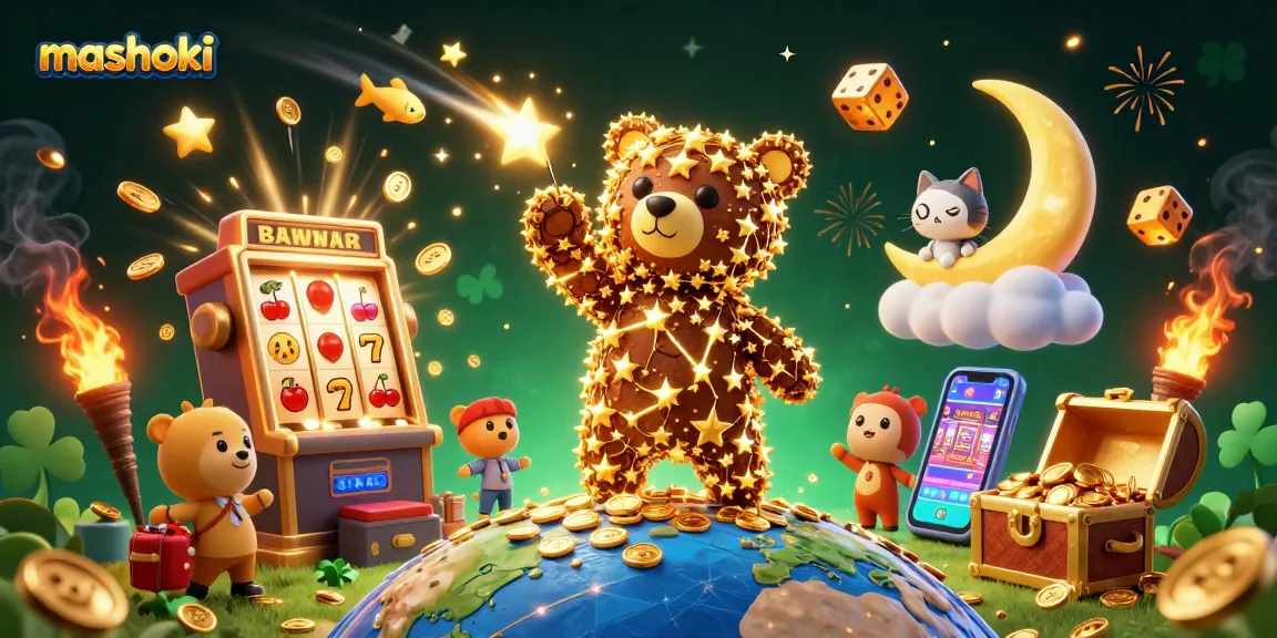 Mashoki character illustration showcasing casino excitement with a constellation bear, slot machine, and gold coins.