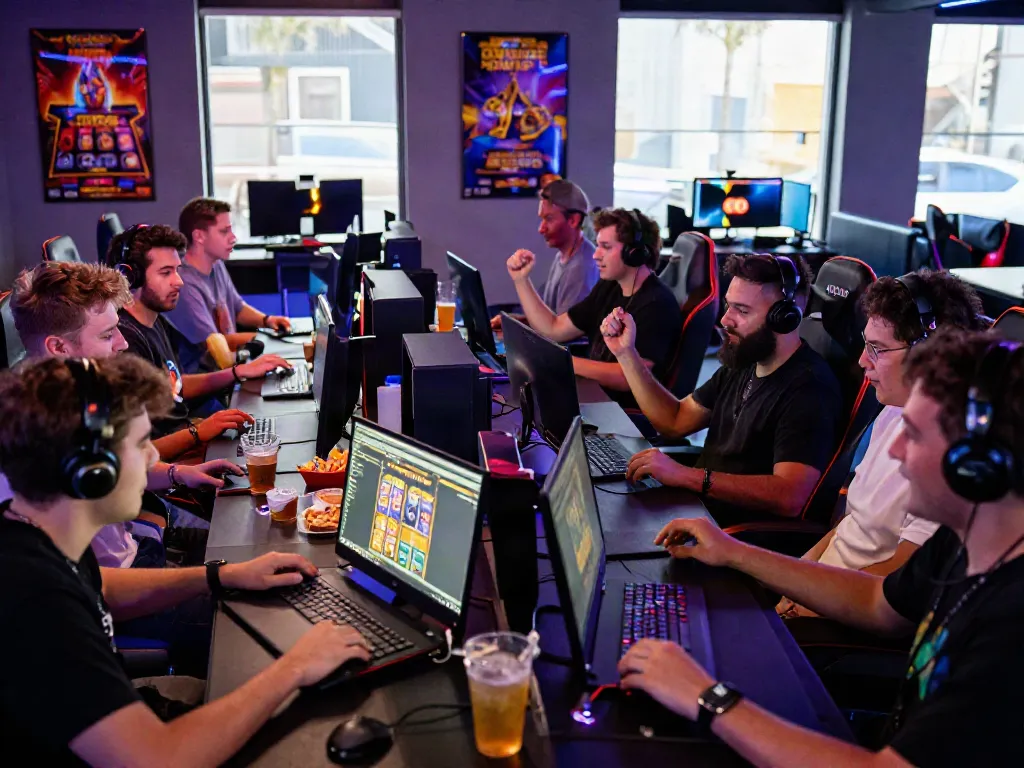 Group of gamers celebrating a slot gacor win in a vibrant gaming lounge.