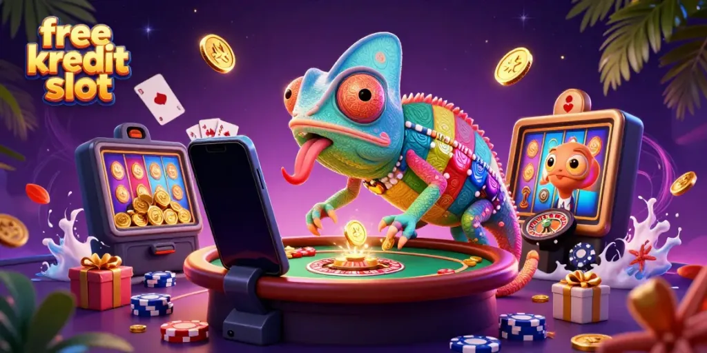 Experience exciting free kredit slot games with vibrant visuals and engaging chameleon character.