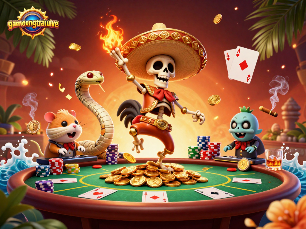 Engage with gamenongtraivuive through a vibrant poker-themed 3D casino scene featuring rich characters and dynamic elements.