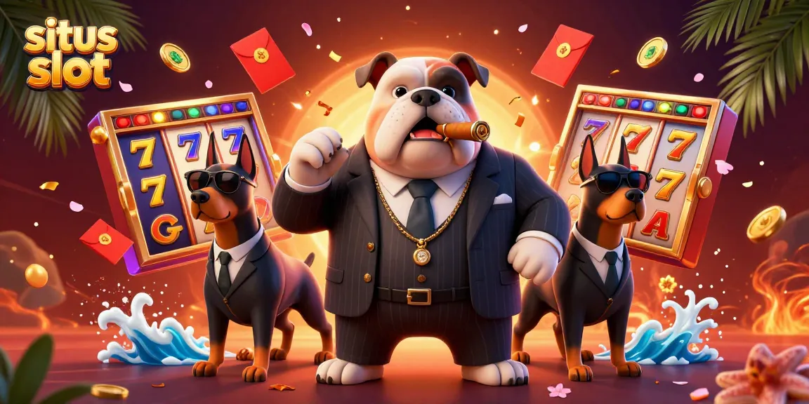 Mesin slot situs slot berputar dengan simbol berkilauan yang dikelilingi mafia bulldog dan Doberman.