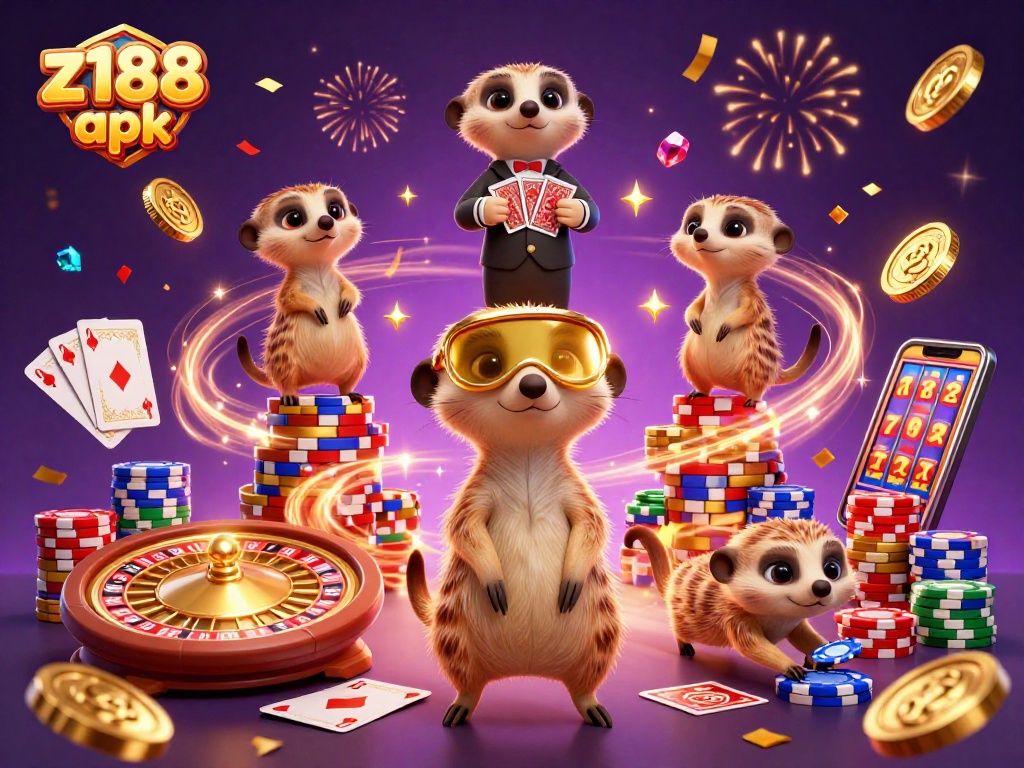 Experience thrilling games with z188 apk featuring meerkats running a vibrant casino.