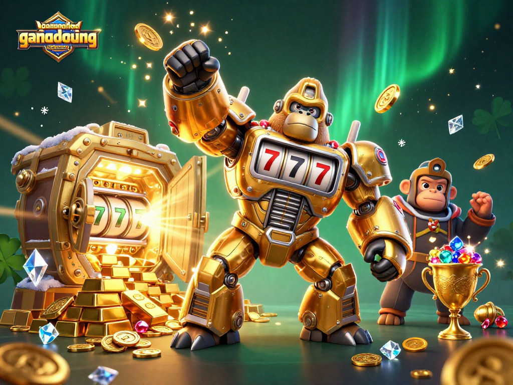 Experience excitement with gamenohudoithuong through this dynamic jackpot scene featuring a golden mech gorilla.