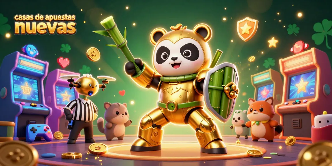 La ilustración muestra casas de apuestas nuevas con un panda dorado y dispositivos de juego vibrantes.