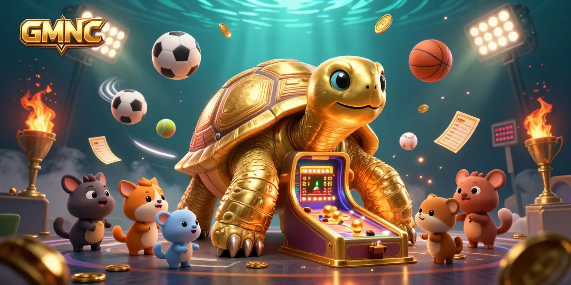 GMNC showcases an exciting scene with a golden tortoise pinball machine, sports elements, and vibrant gaming atmosphere.