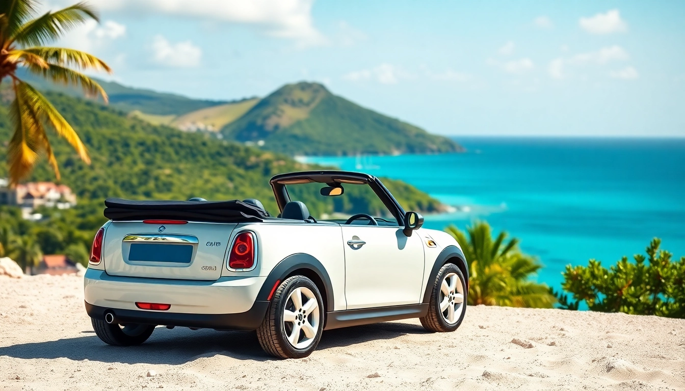 Experience convertible car rental st barth with a Mini Cabrio showcasing stunning coastal views.