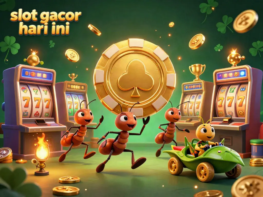 Ilustrasi tim semut 3D beraksi dengan chip poker emas dalam suasana kasino slot gacor hari ini.