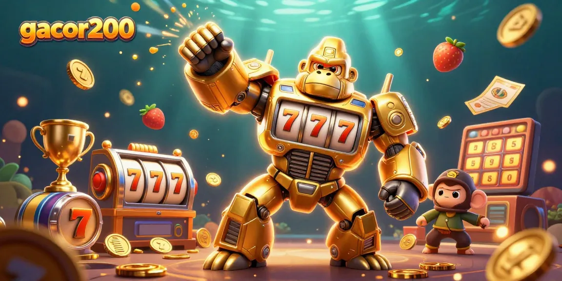 Permainan slot gacor200 dengan gorila emas dan jackpot yang menggila di latar belakang pulau cahaya.