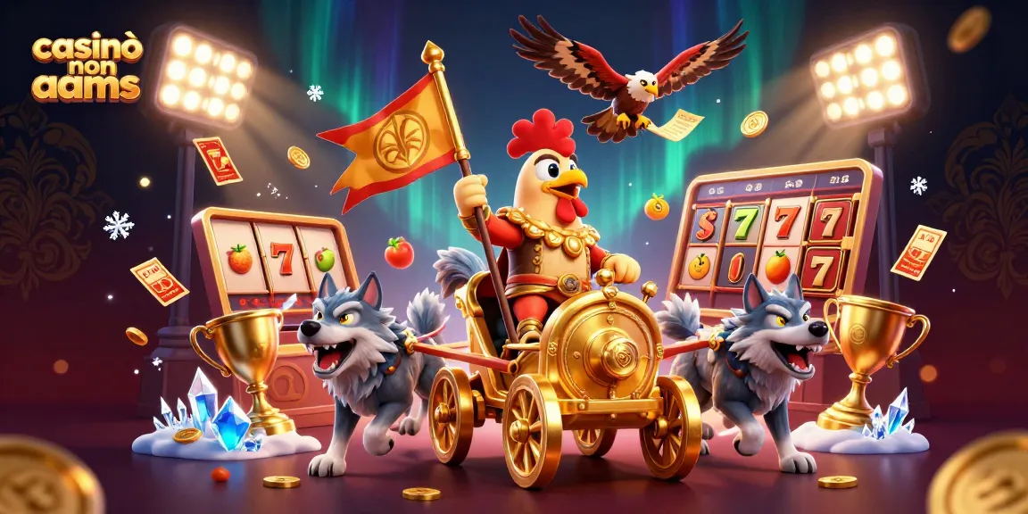 Giocando ai casinò non aams, un gallo guerriero guida un carro d'oro mentre slot e trofei volano attorno a lui.