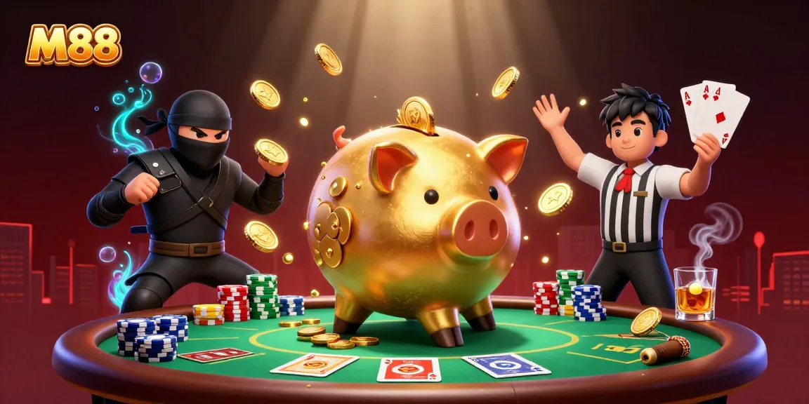 M88 site features dynamic action with a golden piggy bank sumo wrestler and a betting showdown.