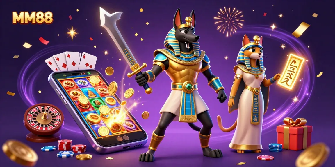 Spin the MM88 slots with Anubis and Bastet in a lively casino scene.