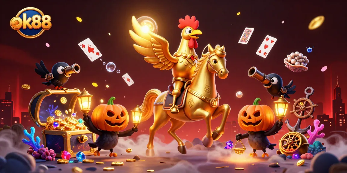 Experience the thrill of ok88 with vibrant 3D casino action featuring a golden rooster and friends.