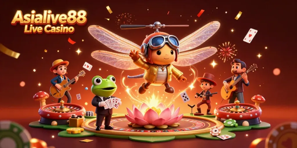 Experience the excitement of Asialive88 Live Casino with dynamic 3D characters and festive casino elements.
