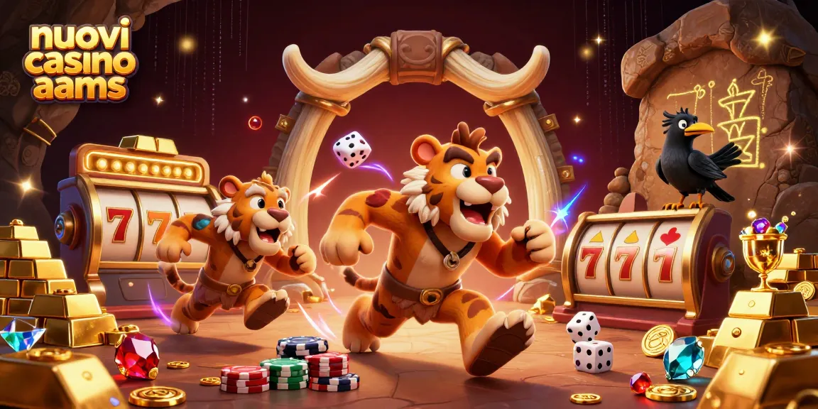 Nuovi casino AAMS: uomo delle caverne e tigre in un casinò preistorico con slot e tesori scintillanti