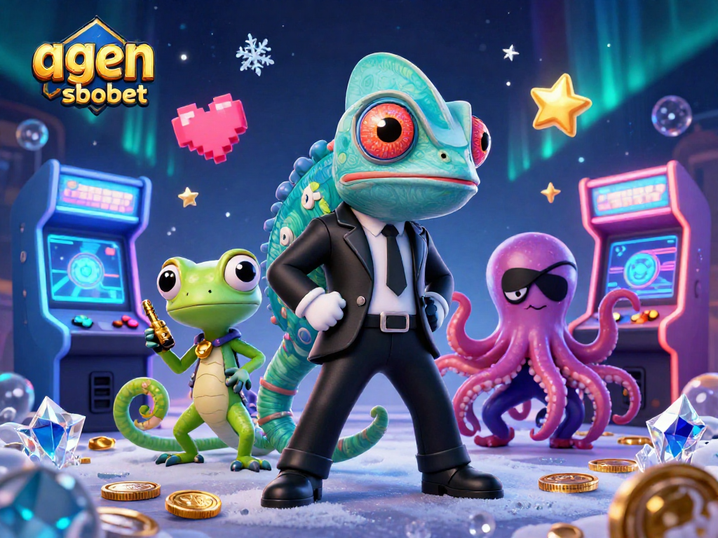 A dynamic scene showcasing "agen sbobet" with a secret agent chameleon, tech-savvy gecko, and villainous octopus amidst casino game elements.