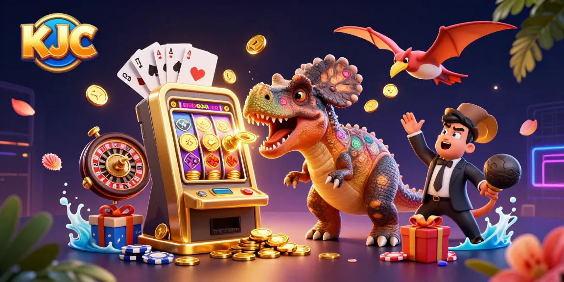 KJC's dynamic casino action with playful dinosaurs collecting jackpot coins and winning on slot machines.