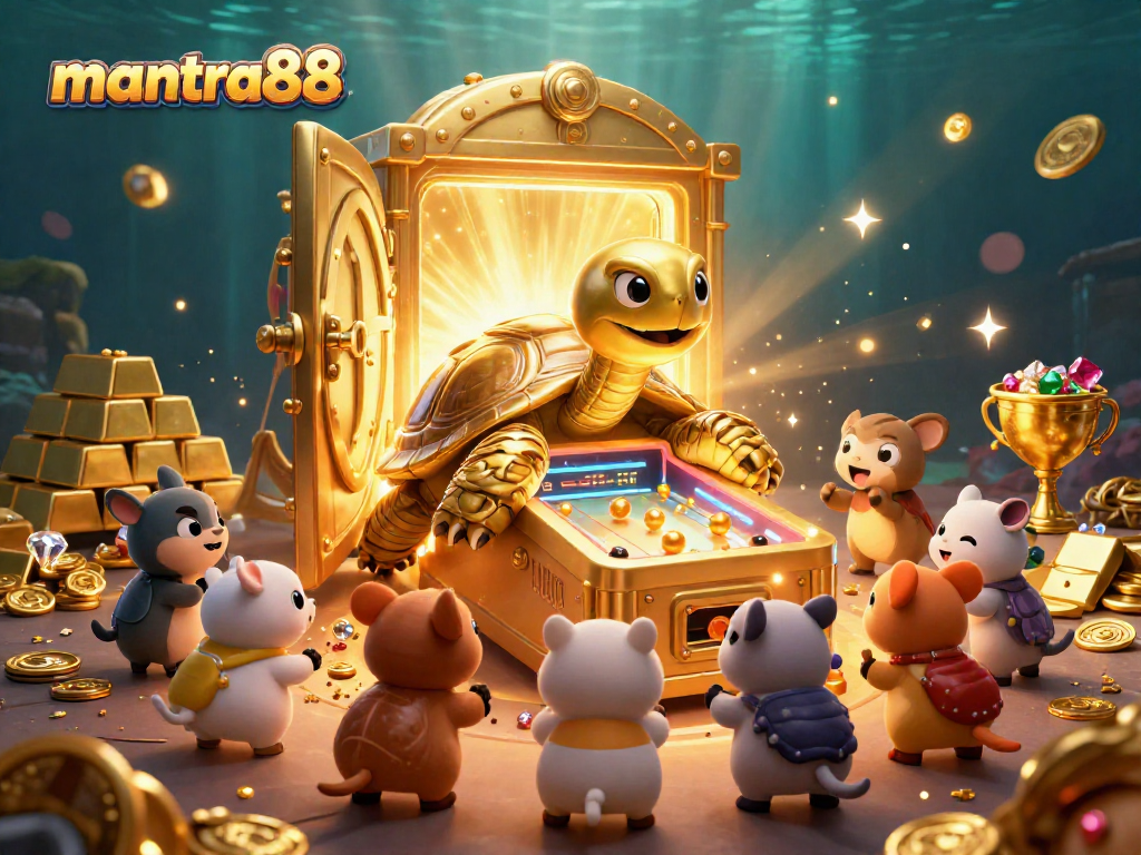 Experience thrilling gameplay at mantra88 with a colossal golden tortoise pinball machine surrounded by treasures.