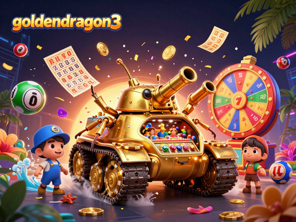 Experience the excitement of goldendragon3 with a vivid 3D casino scene featuring action-packed elements and celebrations.
